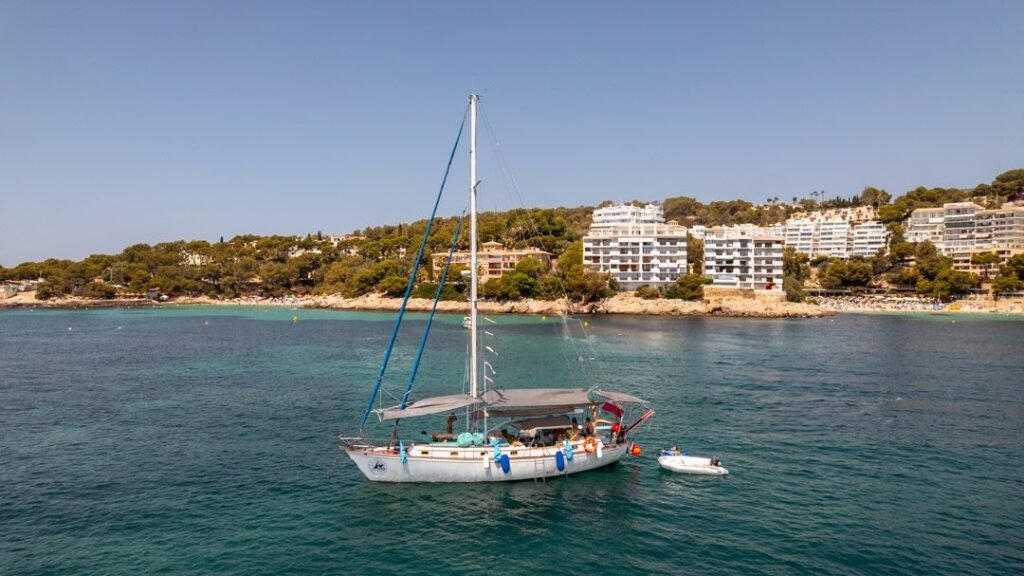 Velero fondeado frente a una costa con edificios y pinos