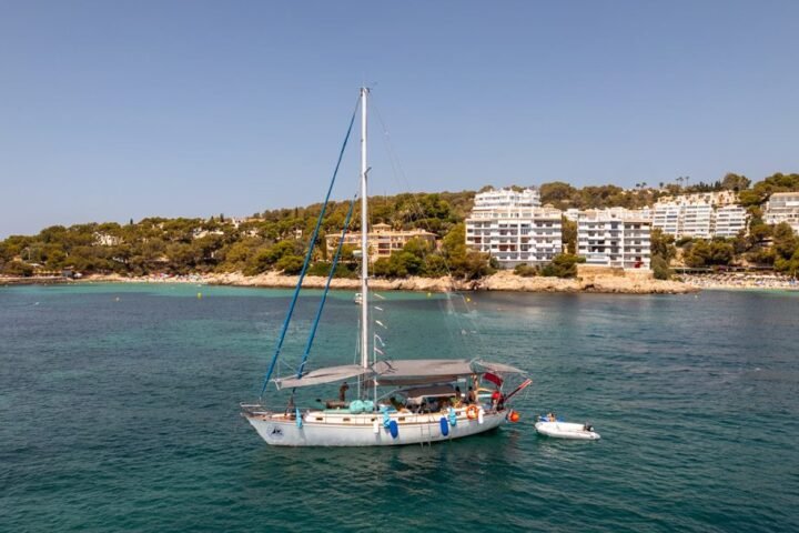 Velero fondeado frente a una costa con edificios y pinos